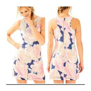 Lilly Pulitzer Perla Laser Cut Scuba Shift Dress Indigo Queen Conch Size Large
